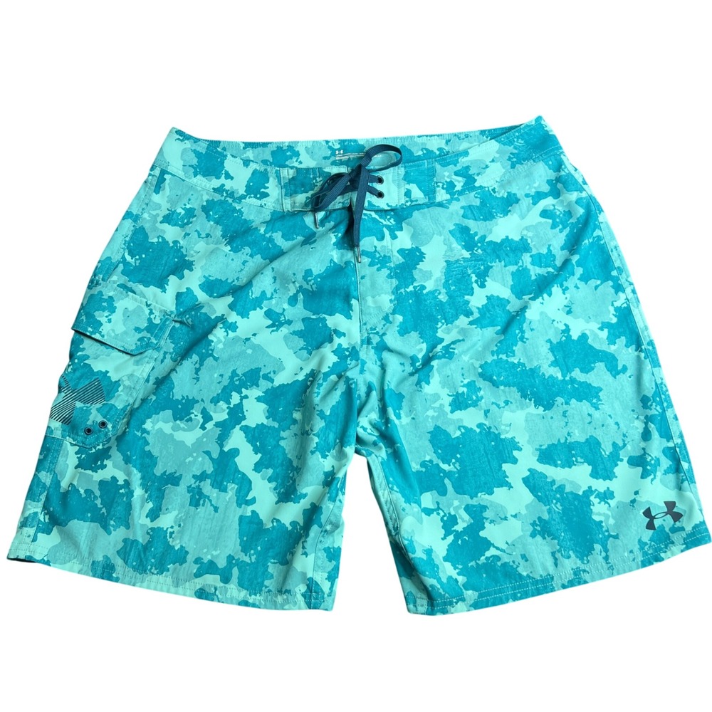 Under Armour Mens 40 Turquoise Camo HeatGear Board Shorts Swim Trunks Cargo